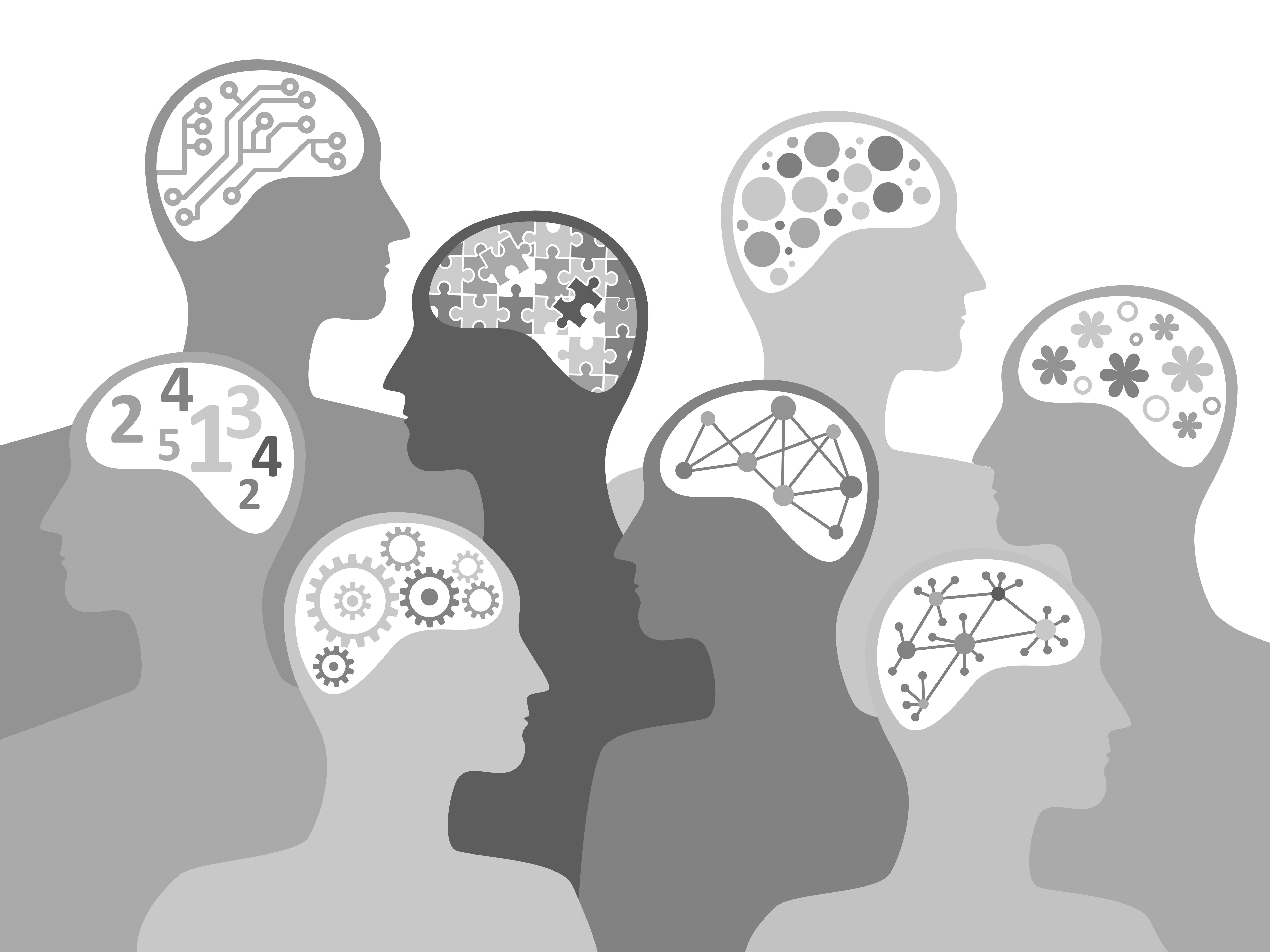 A series of heads with different abstract patterns in their brain to reflect different types of thinking